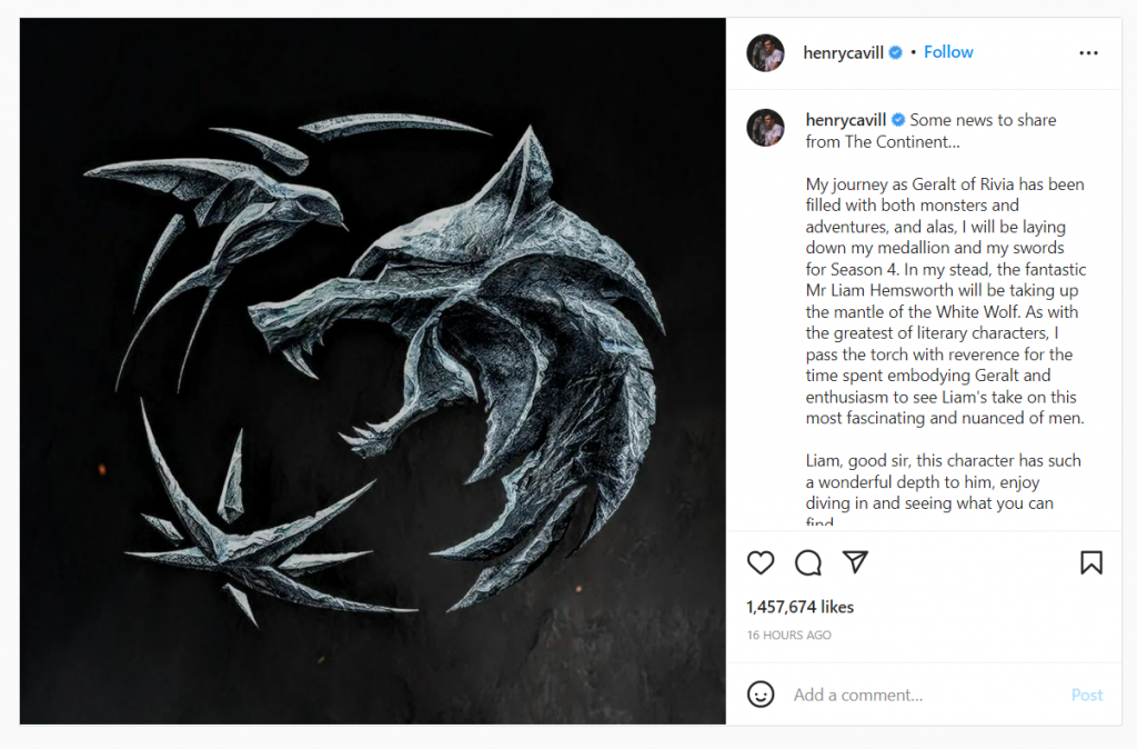 Henry's Instagram post related to Witcher series 