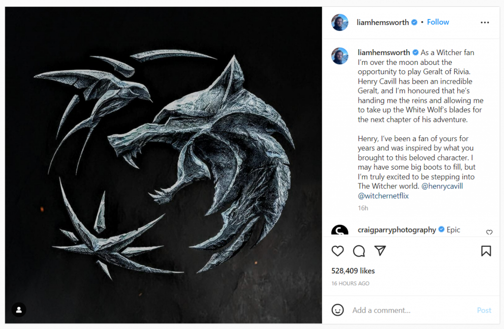 Liam Instagram post of the Witcher season 4